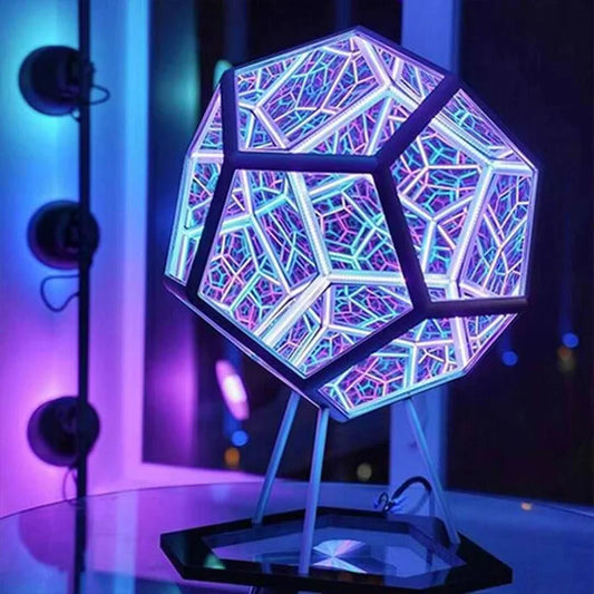 Dreamy Geometric Space LED Night Light Infinity Dodecahedron Mirror Art Lamp with Stand – Creative Color Changing Decor Gift for Christmas & Birthday