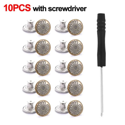 10Pcs 17mm Metal Jeans Buttons – No-Sew Screw Replacement Repair Kit for Pants & Denim