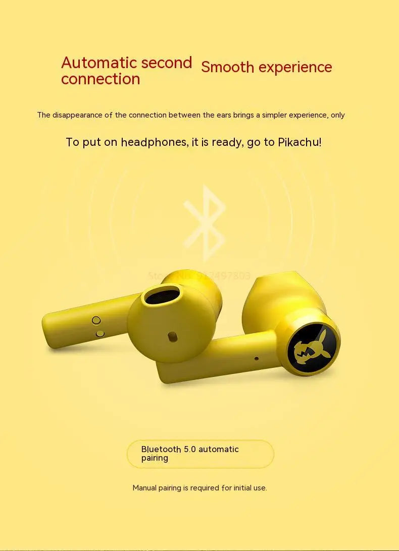 Pokémon Pikachu Wireless Bluetooth 5.0 Earphones – Noise Reduction Sport Headphones with Touch Control & Mic, Universal Gift