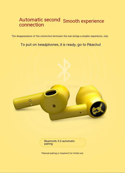 Pokémon Pikachu Wireless Bluetooth 5.0 Earphones – Noise Reduction Sport Headphones with Touch Control & Mic, Universal Gift