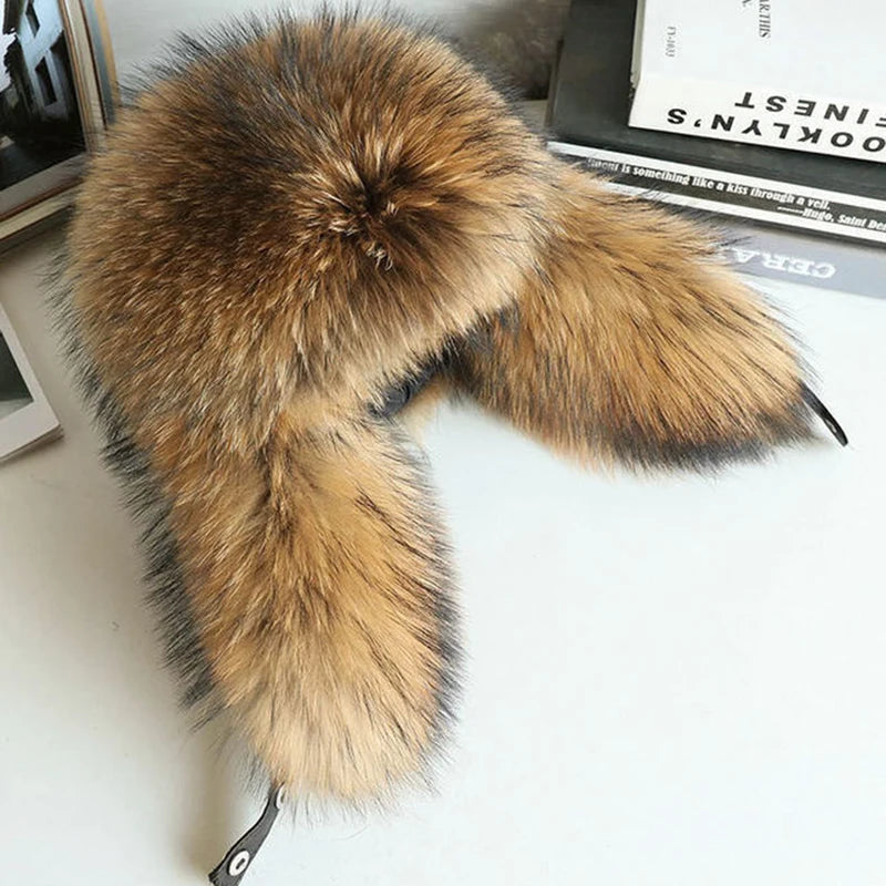 Natural Raccoon & Fox Fur Russian Ushanka Hat – Women’s Black Winter Bomber Cap with Ear Flaps