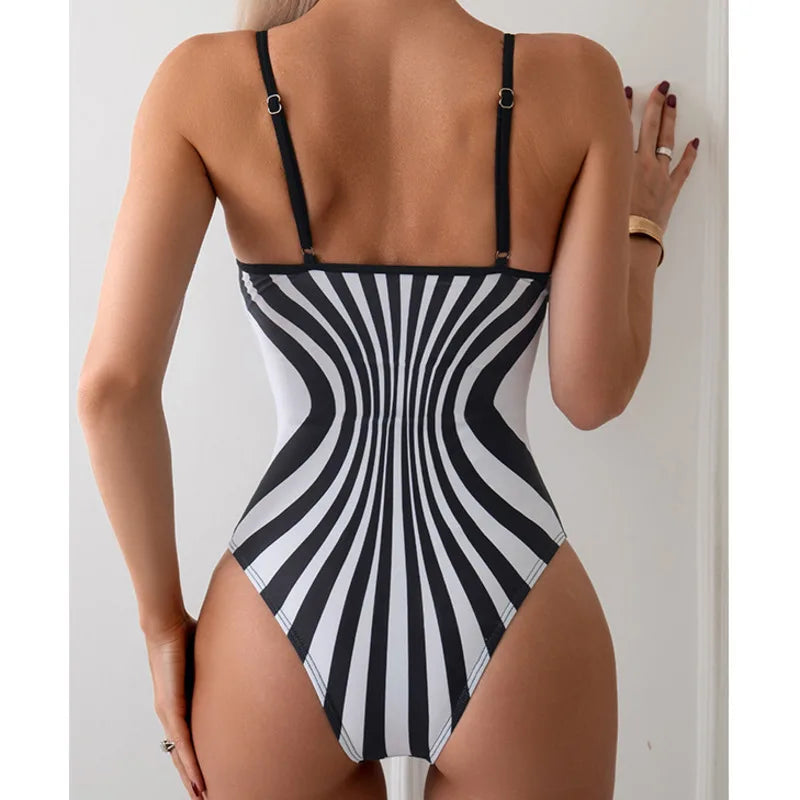 Striped Push Up One Piece Swimsuit - Women's Closed Body Bathing Suit Summer Beach & Pool Swimwear
