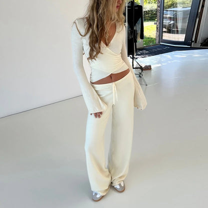 Women’s Vintage Lounge Set – 2-Piece V-Neck Tie T-Shirt & Elastic Waist Pants, Autumn Long Sleeve Crop Top Outfit