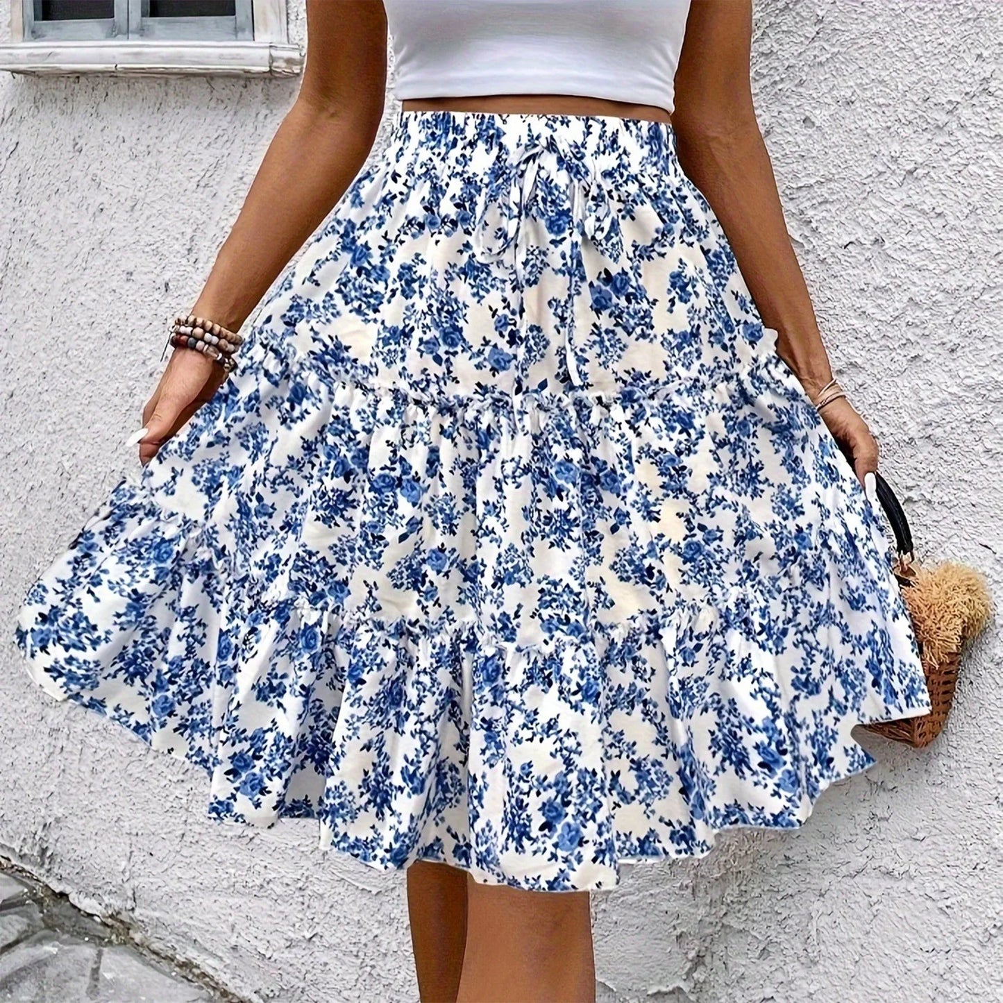 Women’s Floral Spliced Cake Skirt – Knee-Length Casual Skirt with Elastic Waist Strap, Comfortable Versatile Fashionable Design