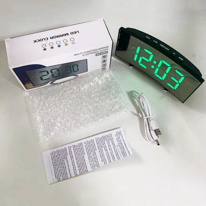 Noiseless LED Mirror Alarm Clock — Large Digital Display Silent Electronic Clock