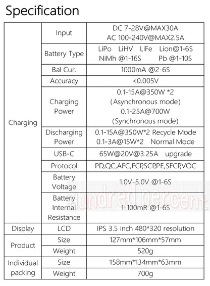 ToolkitRC M6DAC Dual Channel Smart LiPo Battery Charger – 200W AC, 350W DC x2, 15A for 1-6S LiHV PD 65W Discharger