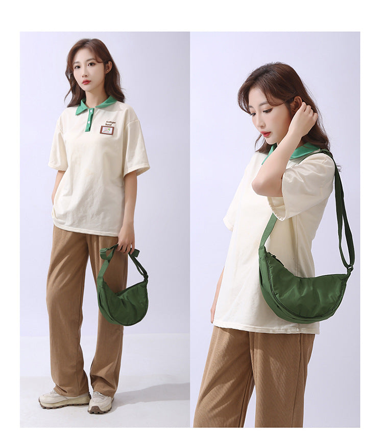 Solid Color Women's Portable Shoulder Bag – Simple Nylon Cloth Padded Crossbody Travel Purse & Messenger Bag