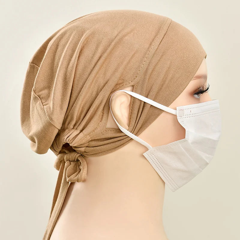 Women’s Tie-Back Jersey Hijab Cap - Stretchy Elastic Muslim Inner Underscarf with Ear-Covering Design