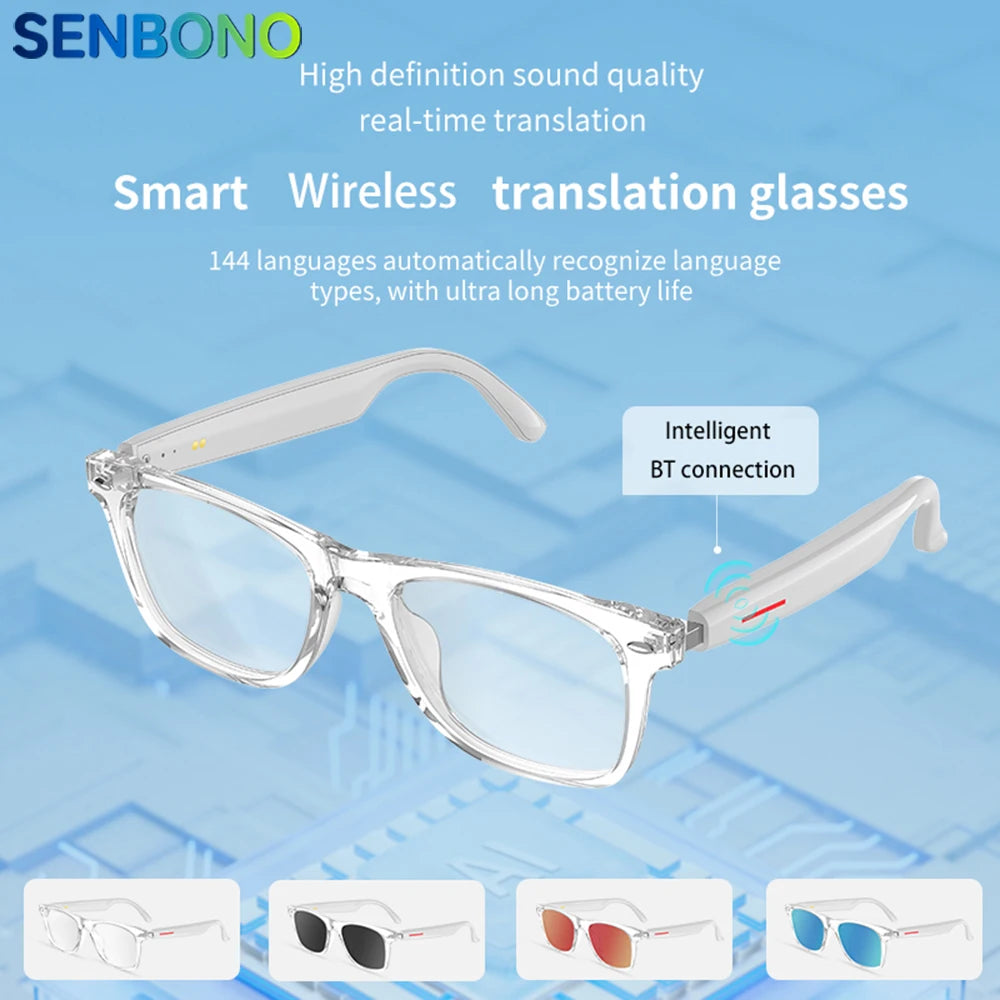 SENBONO Smart AI Translation Glasses – Real-Time Translation in 100+ Languages with Bluetooth Music, Built-in Mic & Speakers