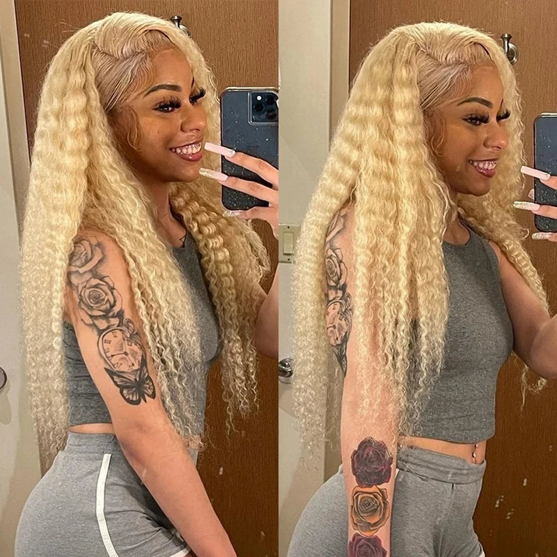 Brazilian Deep Wave 13x6 HD Lace Frontal Human Hair Wig – 30–40 Inch Curly Honey Blonde 613, Affordable Women’s Wig Clearance Sale