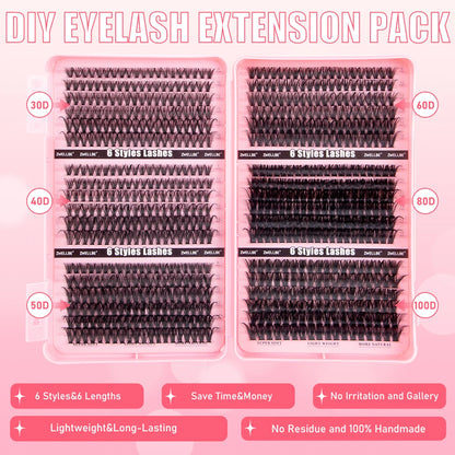 780pcs Eyelash Clusters Kit – 8-16mm Extension with Bond & Seal, Remover, Applicator for DIY Home Makeup