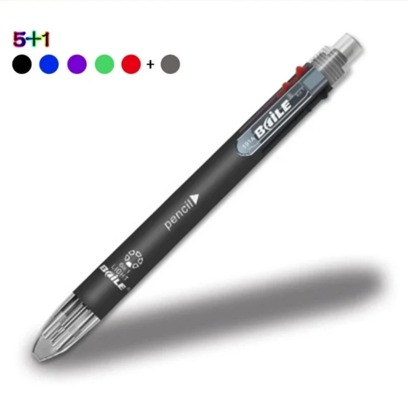 6 in 1 Multicolor Ballpoint Pen & Pencil – 5 Color Ball Pen + 1 Automatic Pencil with Eraser for School & Office Writing