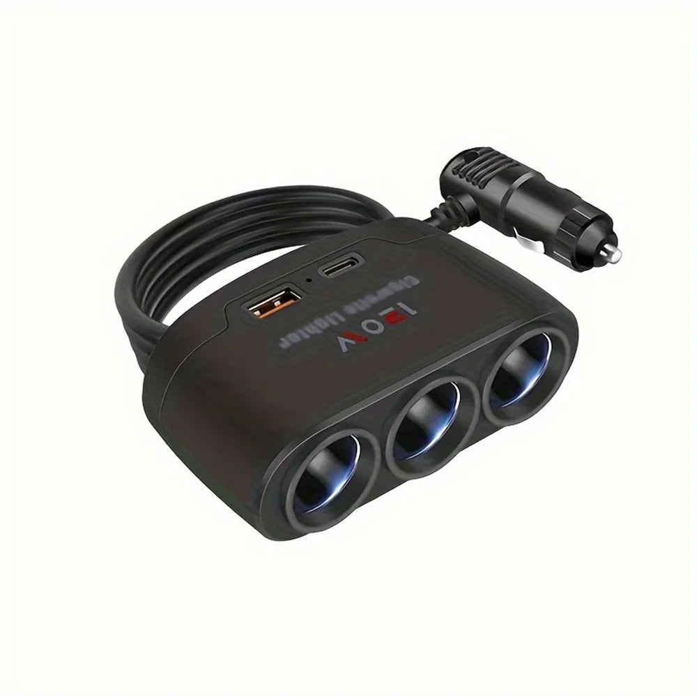 120W 3-in-1 Fast Charge Car Charger - Cigarette Lighter Power Adapter for Mobile Phones, DVR & GPS Devices