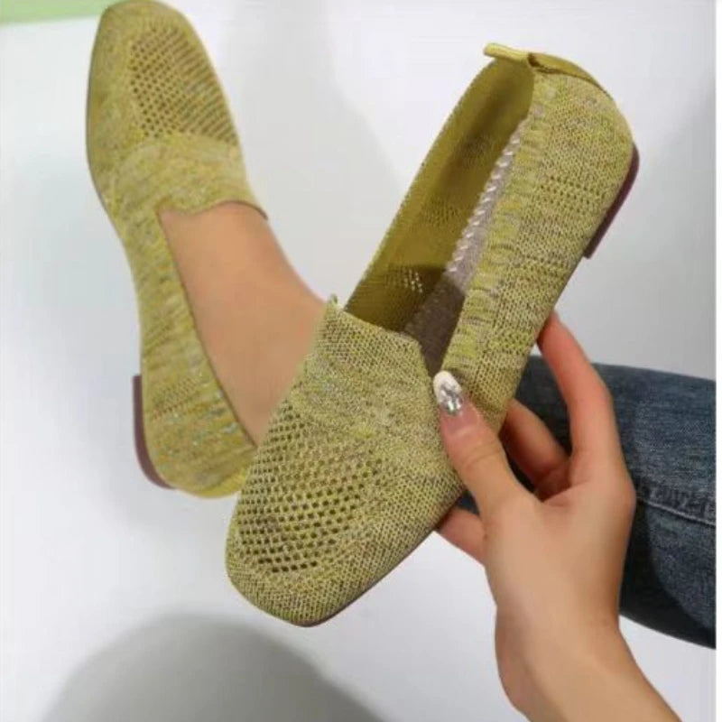 Solid Color Square Toe Mesh Loafers – Women’s Casual Slip-On Ballet Flats, Soft Bottom Knit Boat Shoes