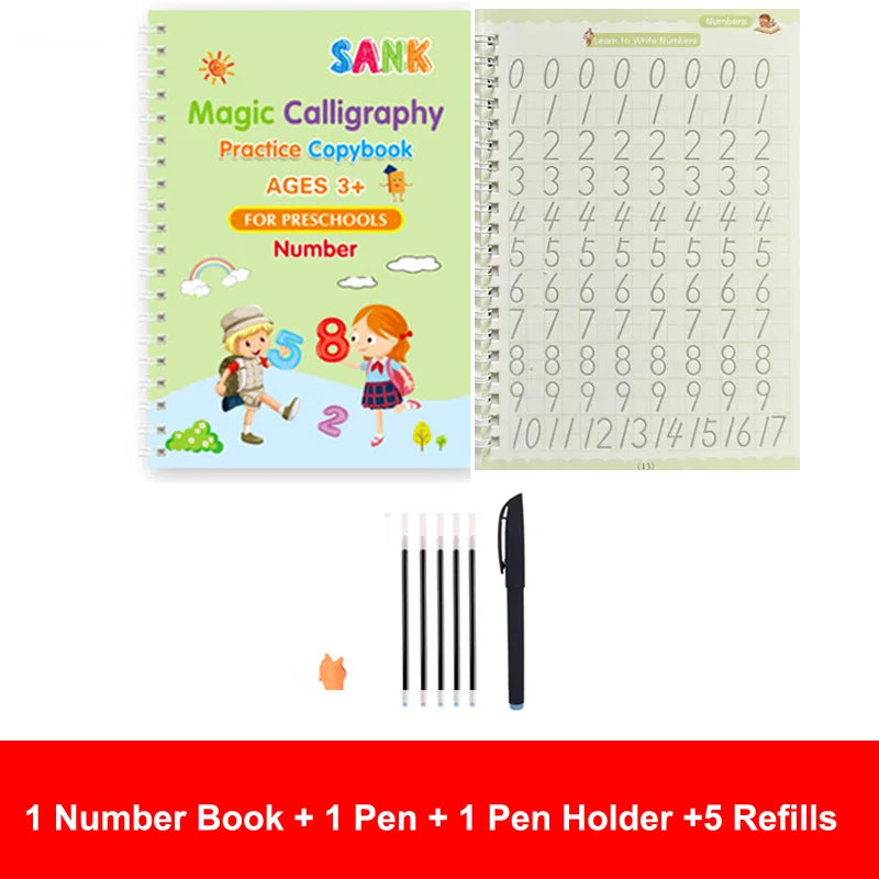 4-Piece Magic Practice Copybook Set with Pen — Reusable English Calligraphy Writing Book for Kids & Preschoolers