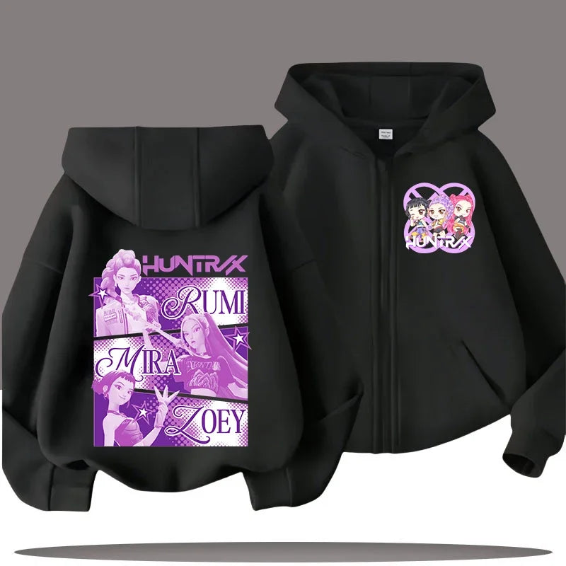 Funny Kpop Demon Hunters Zip-Up Sweatshirt – Kids Hoodie for Girls & Boys, Casual Zipper Hoody Top