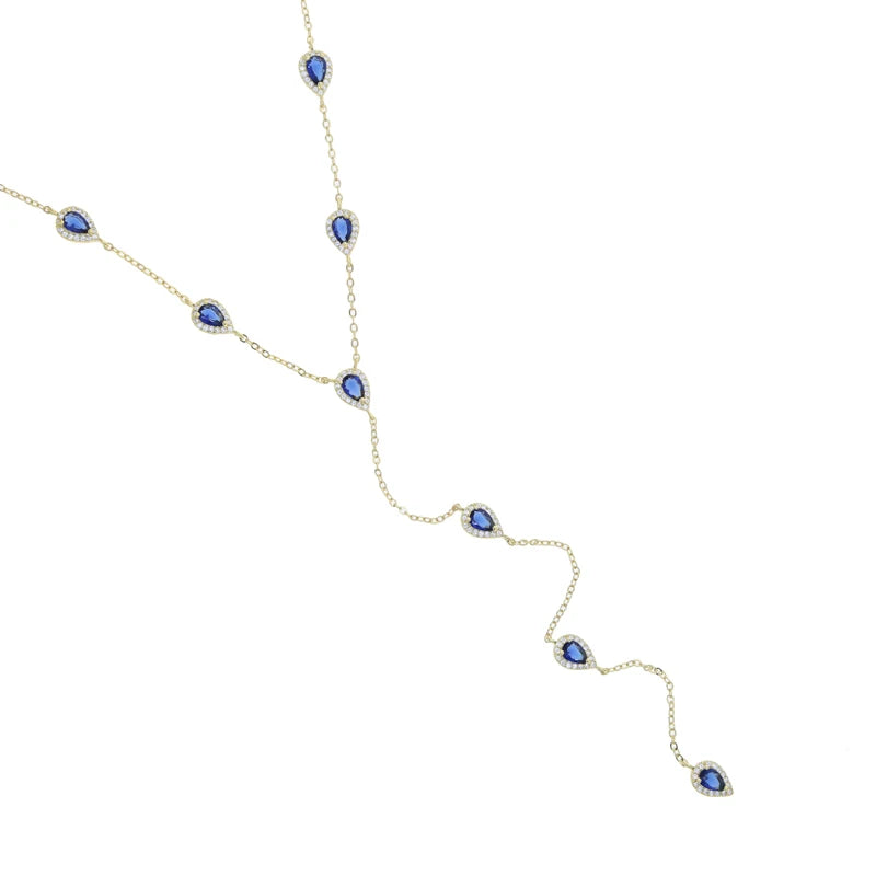 2023 Gold Plated Y Lariat Necklace - Colorful CZ Teardrop Pendant Geometric Jewelry for Women