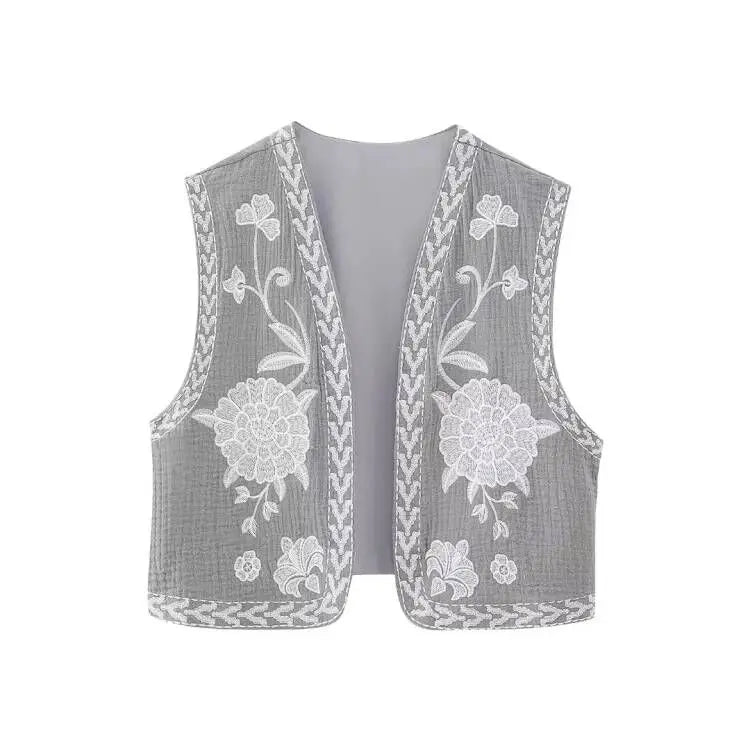 KEYANKETIAN Women's Vintage Floral Embroidered Open Waistcoat – National Style Vest Jacket, Casual Vacation Crop Top