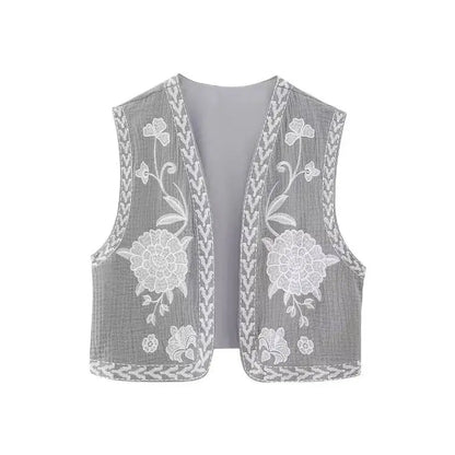 KEYANKETIAN Women's Vintage Floral Embroidered Open Waistcoat – National Style Vest Jacket, Casual Vacation Crop Top
