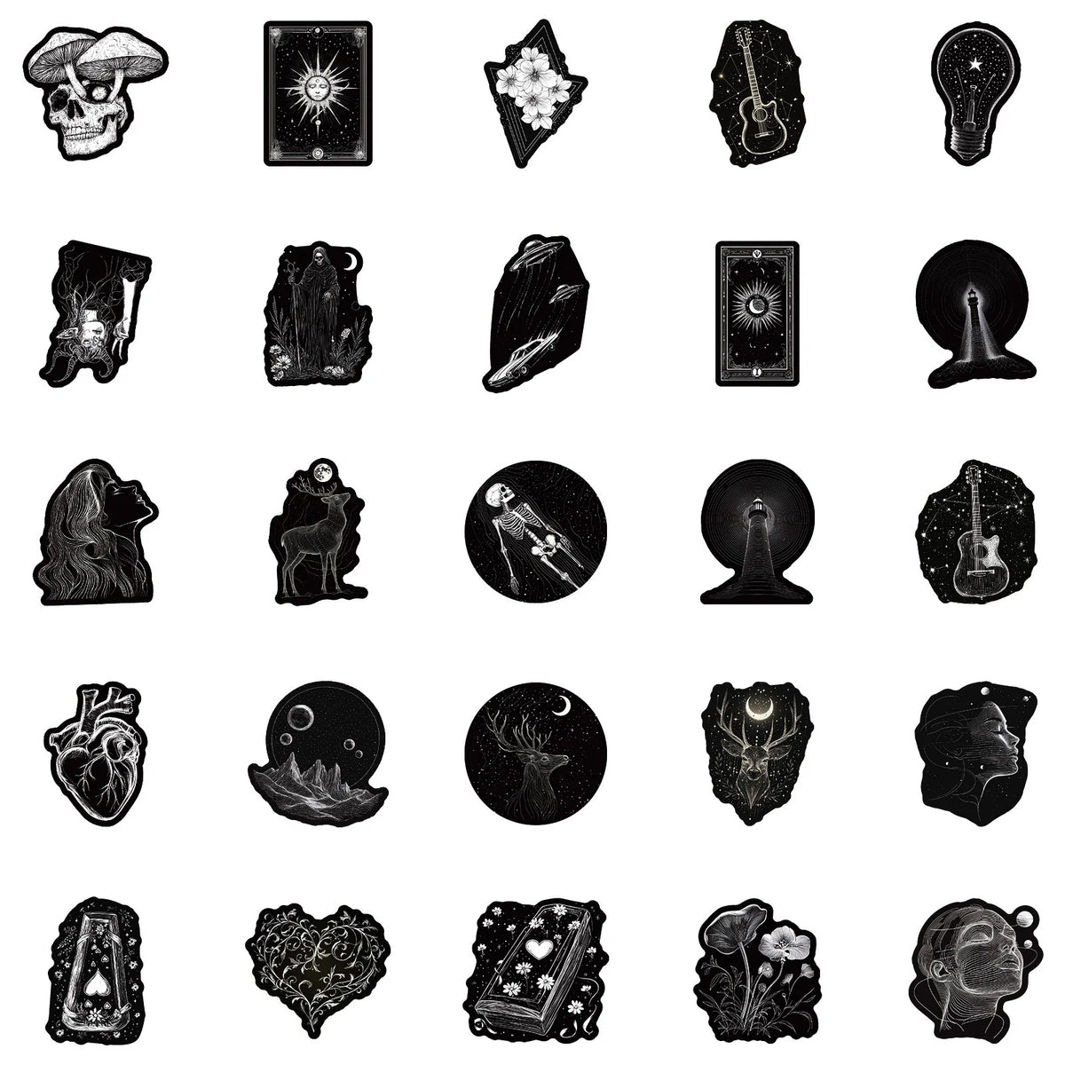 50PCS Black & White Gothic Stickers - Skull-Themed Waterproof Decals for Phone, Luggage & Scrapbooking
