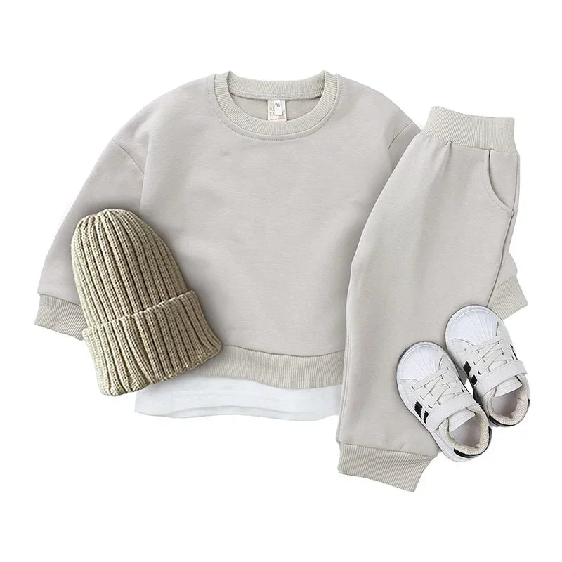 2PCS Kids Clothes Set for 1-7Y - Solid Cotton Pullover Sweatshirt & Pants, Long Sleeve Autumn Outfits for Boys & Girls
