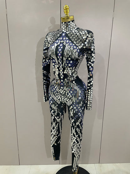 Sexy Shiny Silver Sequin & Black Spandex Jumpsuit — 2025 Women’s Prom, Dancer & Stage Performance Costume