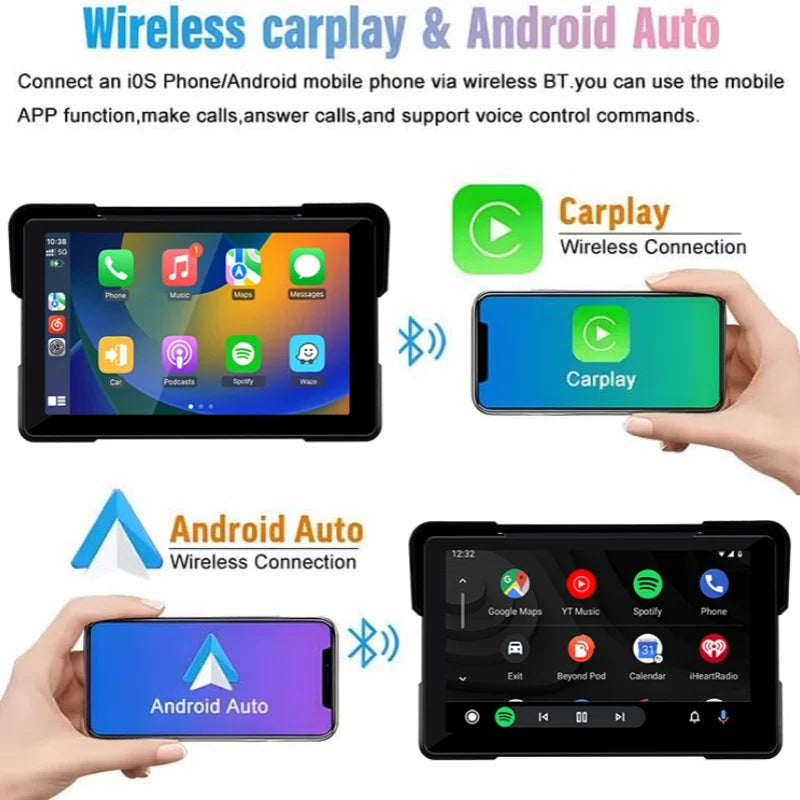 5/7 Inch Motorcycle CarPlay DVR Navigation GPS Monitor – Wireless Android Auto, Airplay, IPX7 Waterproof Portable Display