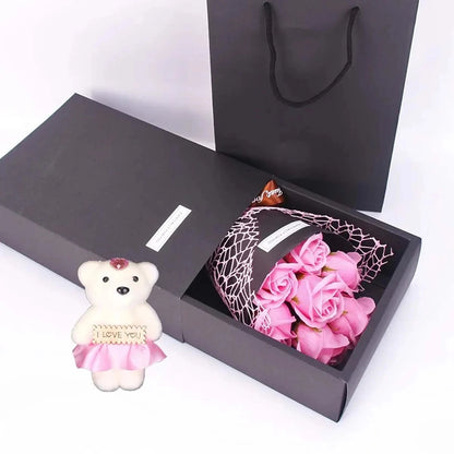 Handmade 7 Rose Soap Bouquet with Little Bear Gift Box – Creative Valentine’s, Mother’s Day & Birthday Flower Gift
