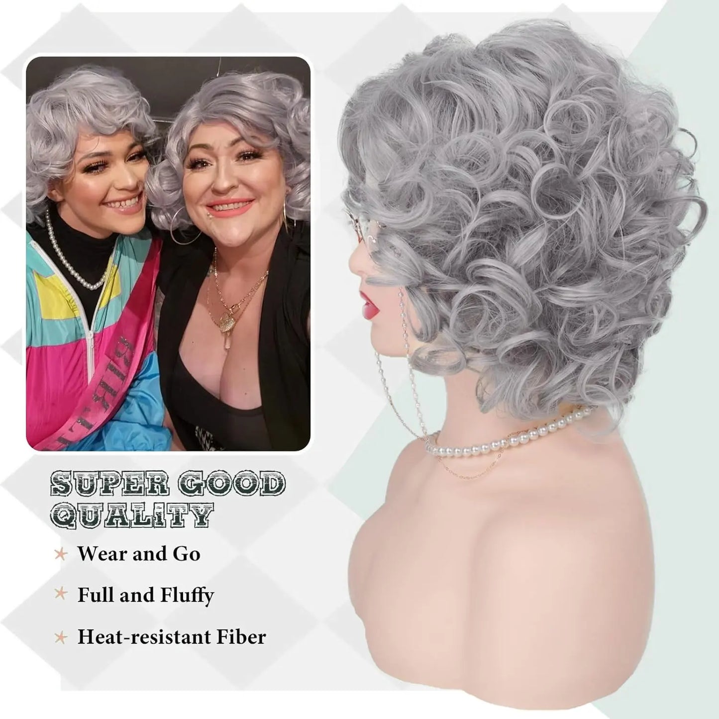 Synthetic Old Lady Wig Costume Set – Short Curly Silver White Grandma Wig & Glasses for Women, Granny Cosplay, Halloween Party