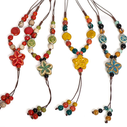 Handmade Ceramic Star Pendant Necklace - Adjustable Long Boho Blue Gem Jewelry for Women