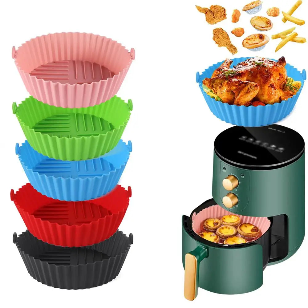 Air Fryer Silicone Baking Tray Mat - Circular, High-Temperature Resistant, Foldable Food-Grade Tray with Double Ear Handles