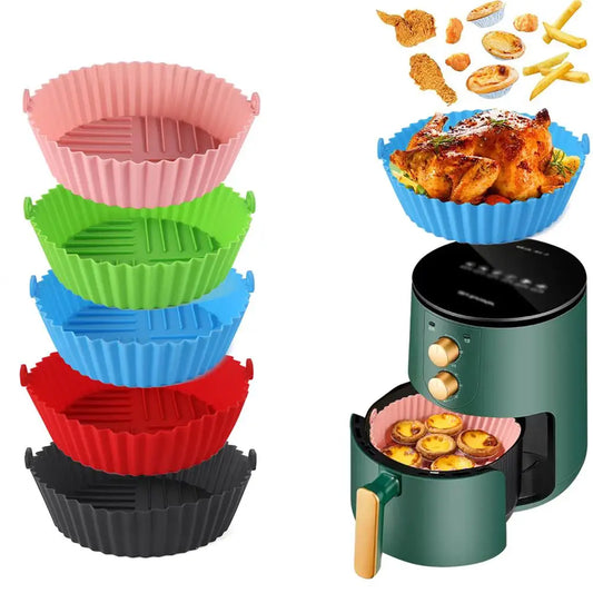 Air Fryer Silicone Baking Tray Mat - Circular, High-Temperature Resistant, Foldable Food-Grade Tray with Double Ear Handles