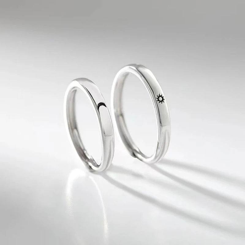 New Silver Couple Rings - Sun & Moon Adjustable Open Ring for Men & Women, Wedding & Fashion Jewelry Gift