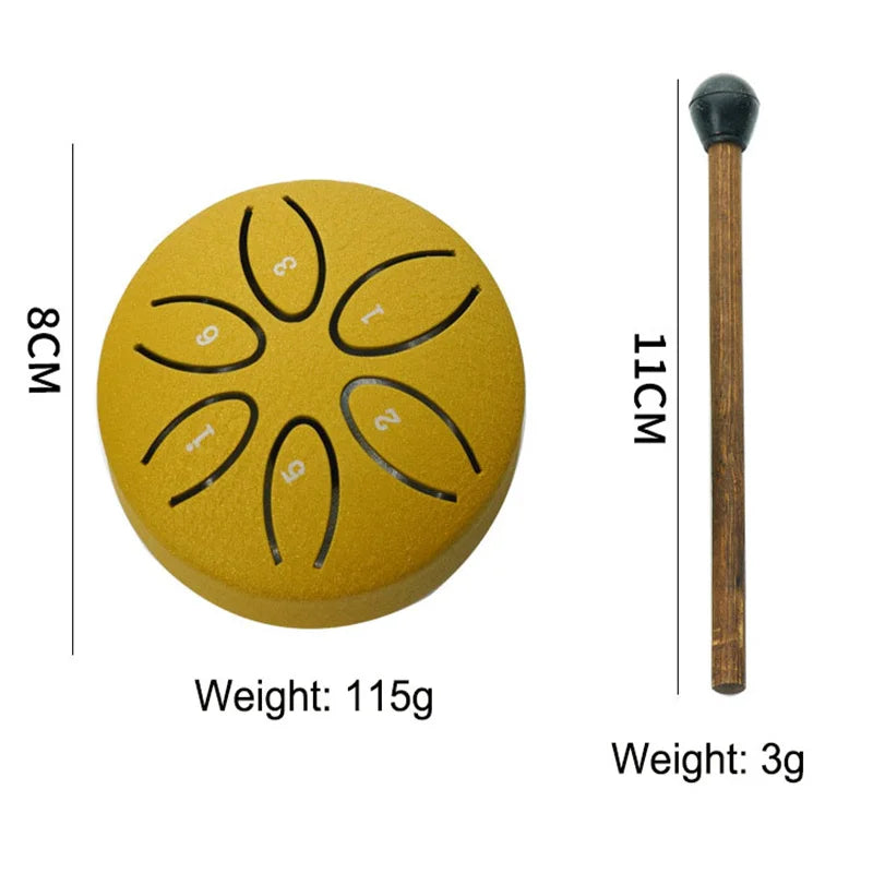 3-Inch 6-Tone Steel Tongue Drum — Mini Hand Percussion Instrument with Ethereal Drum Sticks for Outdoor & Rain Drum Music