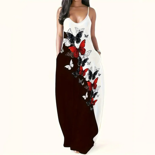 Women’s Summer 3D Butterfly Print Dress – Black & White Sleeveless Spaghetti Strap Loose Long Vest Dress, Plus Size Vintage Style