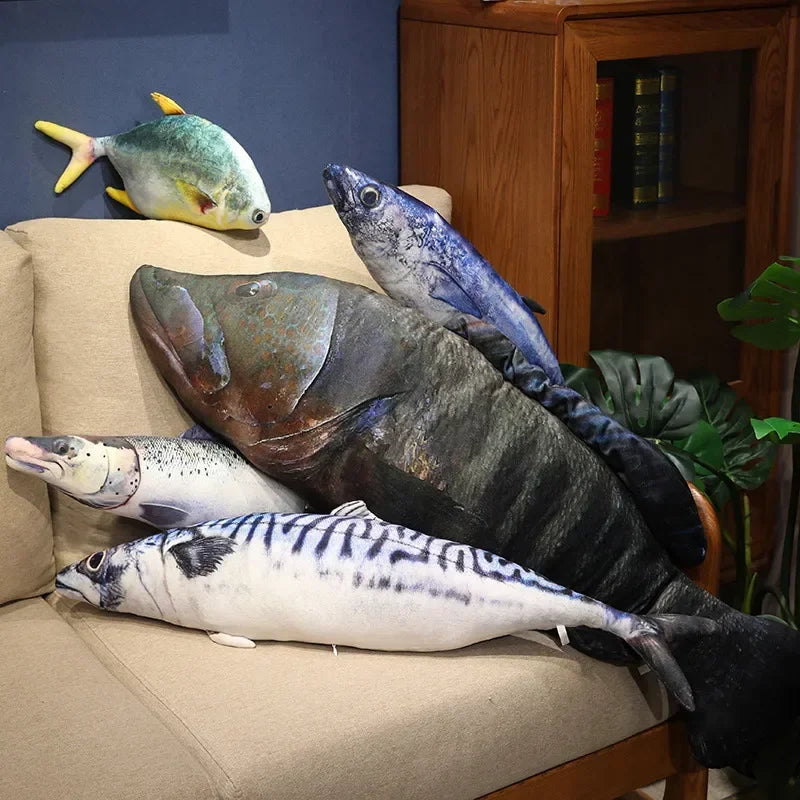 3D Realistic Fish Plush Pillow - Soft Tuna, Salmon & Grouper Stuffed Cushion Toy Gift