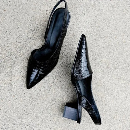 Women’s Pointed Toe Slingback Pumps – Mid Chunky Heel Summer Sandals, Vintage Style Slippers