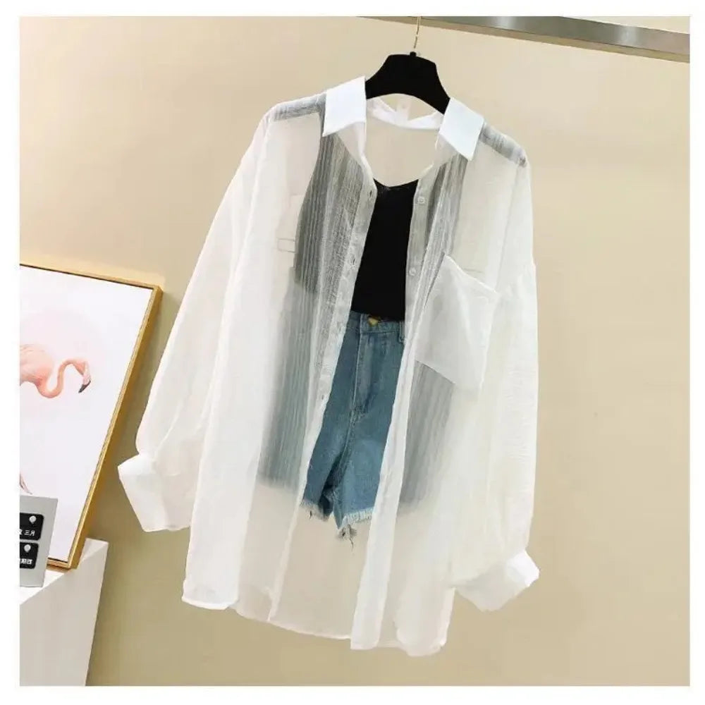 Summer Sunscreen Shirt – Elegant Thin Chiffon Korean Harajuku See-Through Loose Blouse & Casual Women’s Cardigan