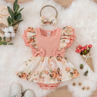 Summer Baby Girl Dress - Cotton Striped Jumpsuit with Bowknot & Floral Design for Newborns