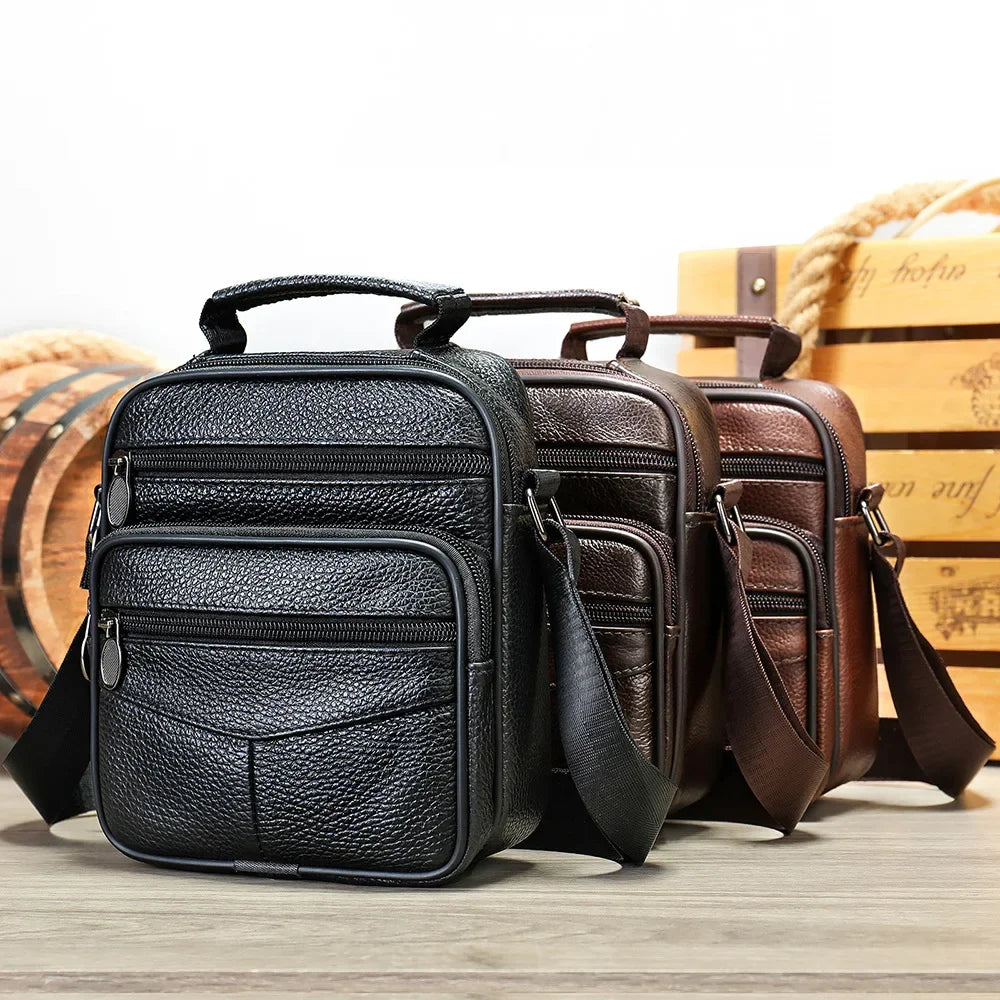 Men’s Genuine Leather Crossbody Bag – Small Outdoor Casual Bag for Motorcycle and Daily Use