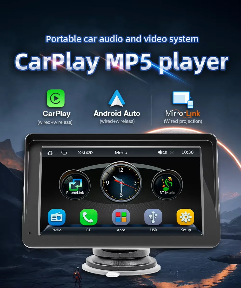 BQCC 7-Inch Car Multimedia Player - Wireless CarPlay & Android Auto Touchscreen with Sun Visor