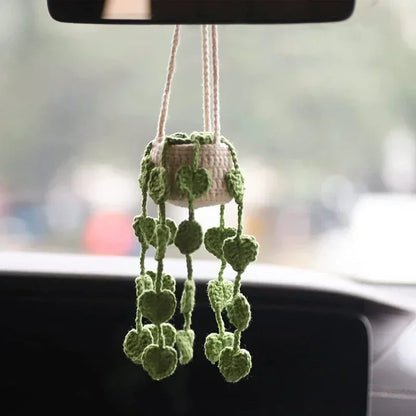 Cute Crochet Potted Plants Car Basket – Hanging Car Decor & Rear View Mirror Ornament Accessories