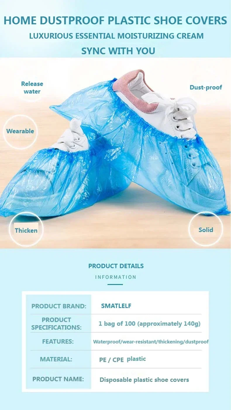 100pcs Disposable Waterproof Boot Covers – Non-Slip, Plastic Overshoes for Rain & Mud Protection