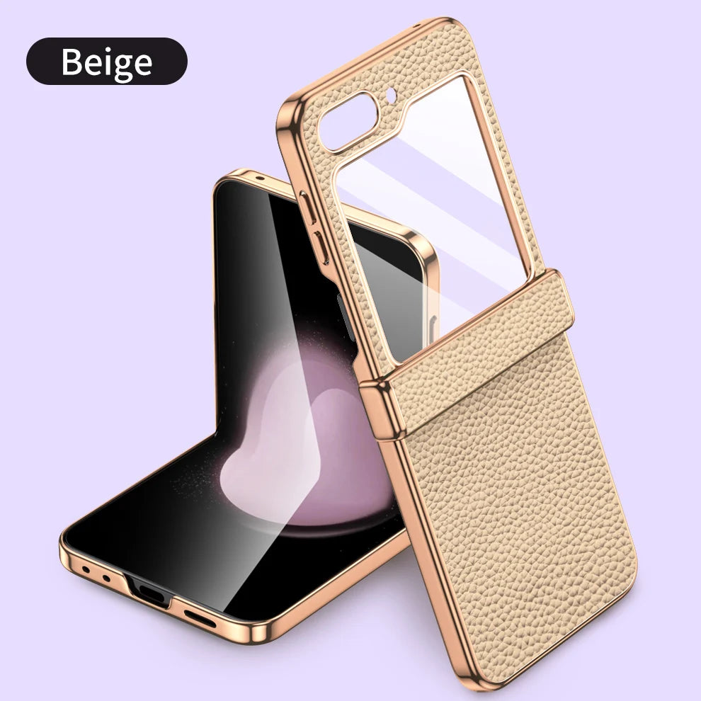 Cowhide Leather Samsung Galaxy Z Flip Case — Luxury Hinge Protection Cover with Tempered Glass for Flip 5/6/7
