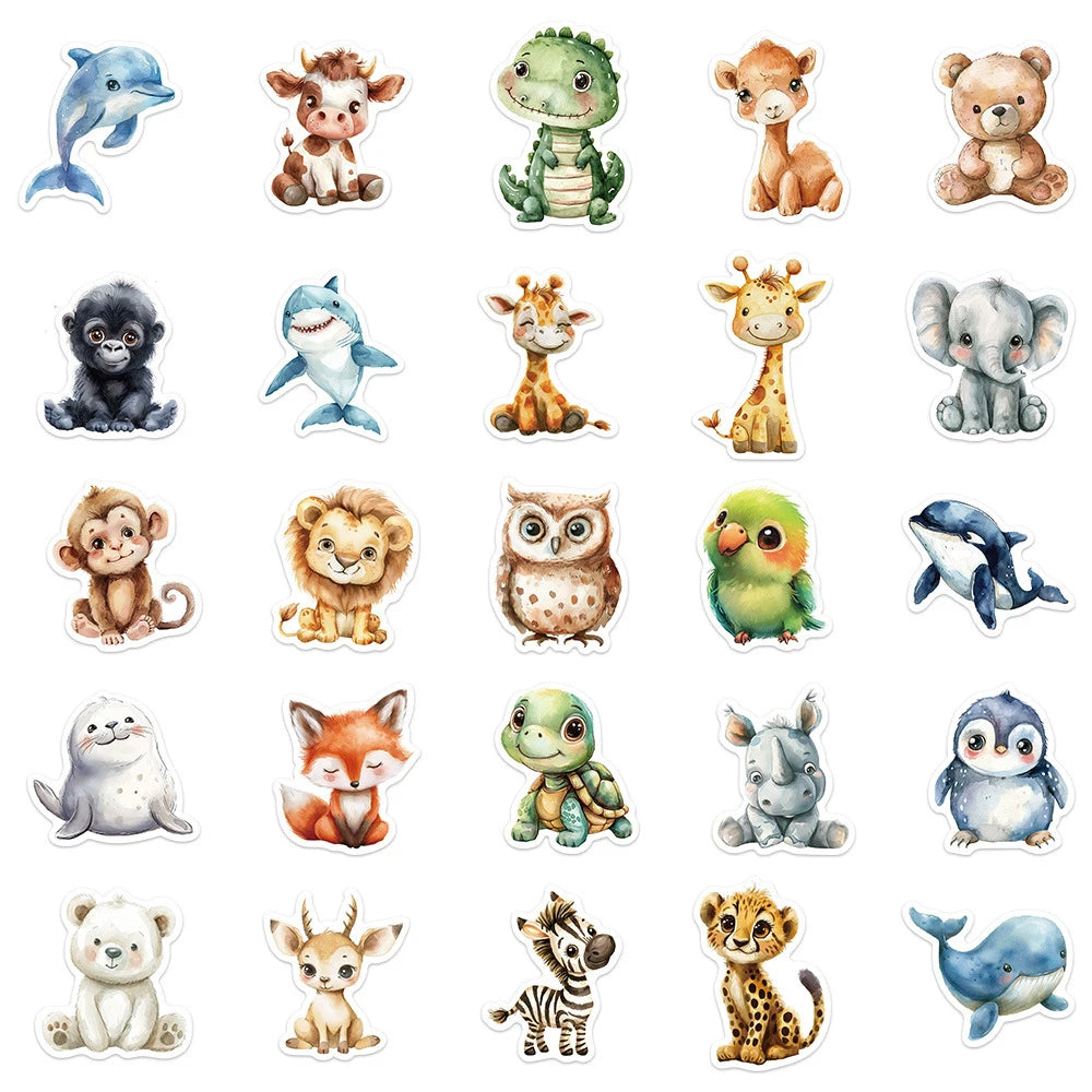 Cute Watercolor Animal Stickers - Cartoon Graffiti Decals for Phone Case, Skateboard, Scrapbook and Kids Crafts