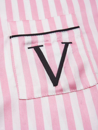 Classic Striped Satin Pajama Set – Short-Sleeve Top with Pocket & Long Pants Sleepwear with Lapel Collar