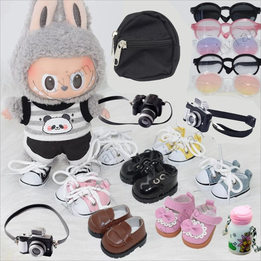 15-17cm Labubu Doll Shoes, Glasses & Camera Accessories | 10cm Cotton Doll Water Glasses Outfit Set