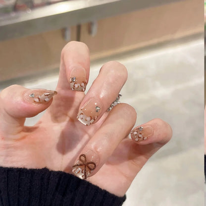 10Pcs Pink Handmade Press-On Nails – Short French Style with Flowers, Butterflies & Rhinestones, Full Cover Nail Tips