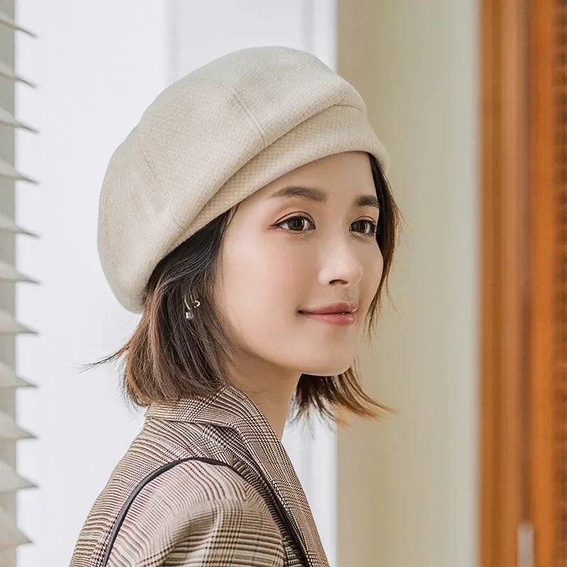 2024 Women's Wool Beret - Elegant Plaid Vintage Octagonal Cap, Casual Cotton Hat for Autumn and Winter