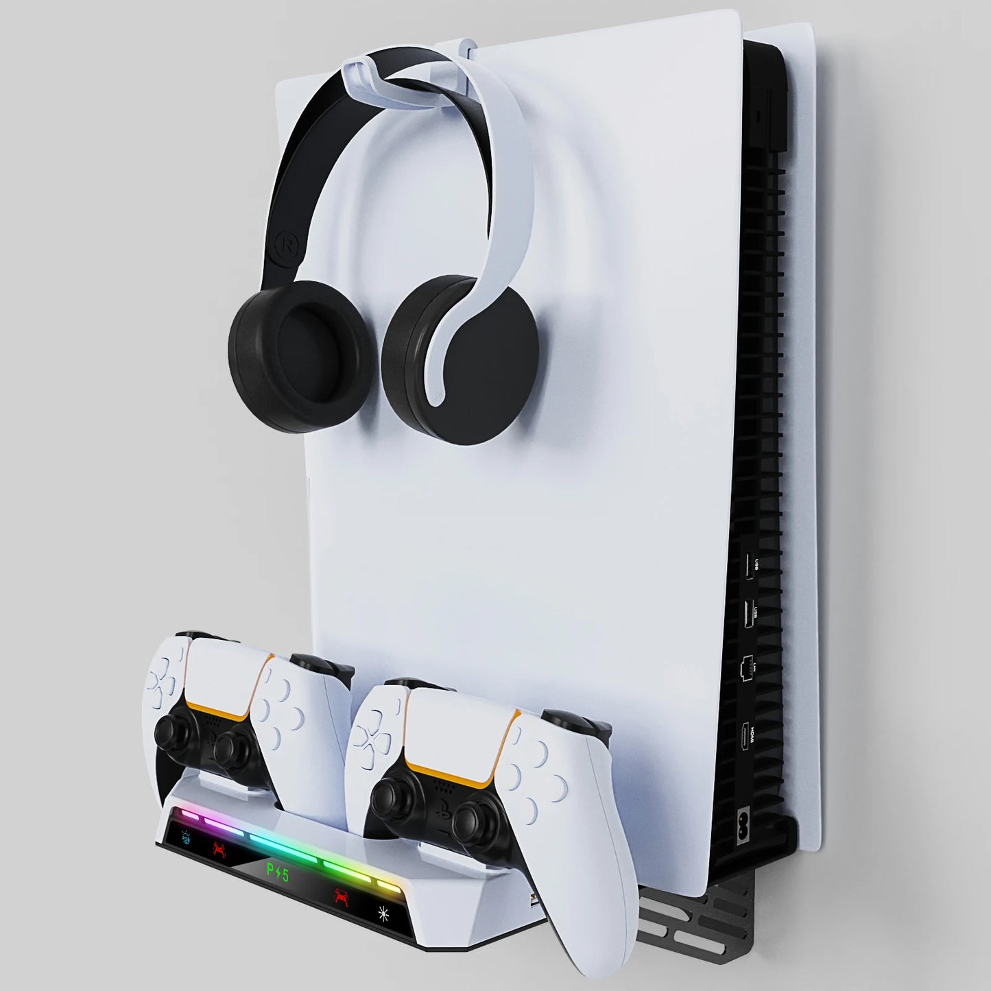 PS5/PS5 Pro/Slim Wall Mount Kit – RGB Light Stand with Charging Station & Headset Hanger for Dual Controllers